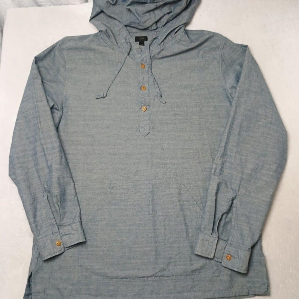 JCrew Pullover Mens L Blue Chambray Hooded Henley Lightweight 100% Cotton Work